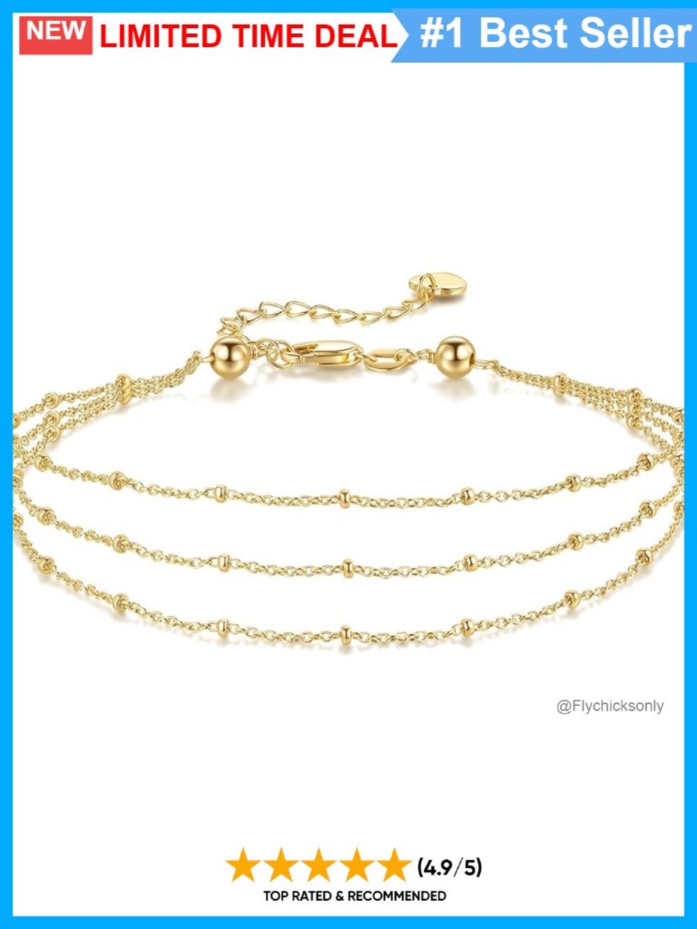 14k Gold Plated Layered Beaded Anklet Adjustable Chain